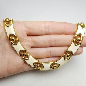 Vintage Cream Enamel and Gold Tone Panel Link Necklace, Retro 80s 90s Style